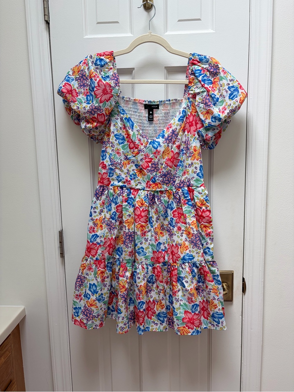 Aqua by Bloomingdale’s Floral Tiered Colorful Dress with Puff Sleeves